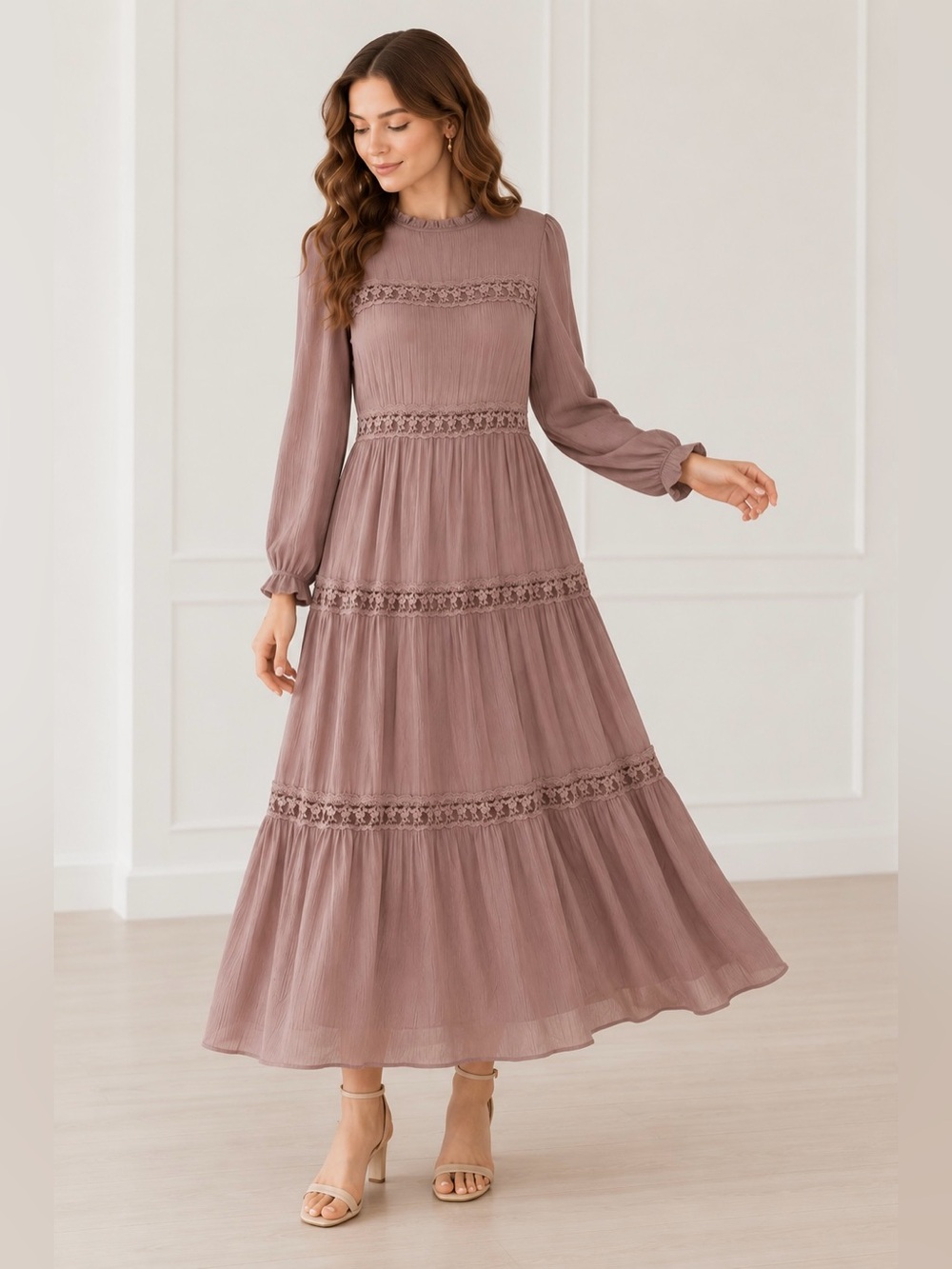 Long Sleeve Dusty Mauve Maxi Dress with Lace Trim